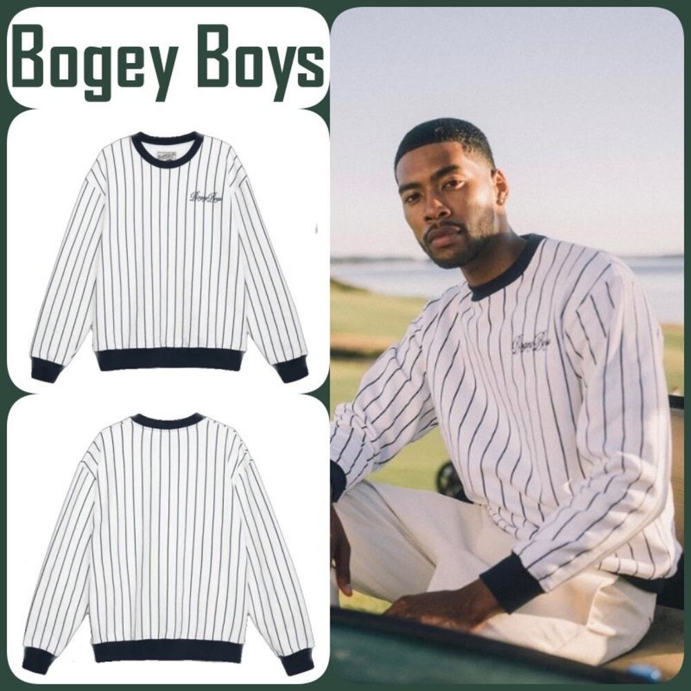 Bogey Boys Sz L White Navy Blue Pinstripe Crewneck Pullover Golf Sweatshirt